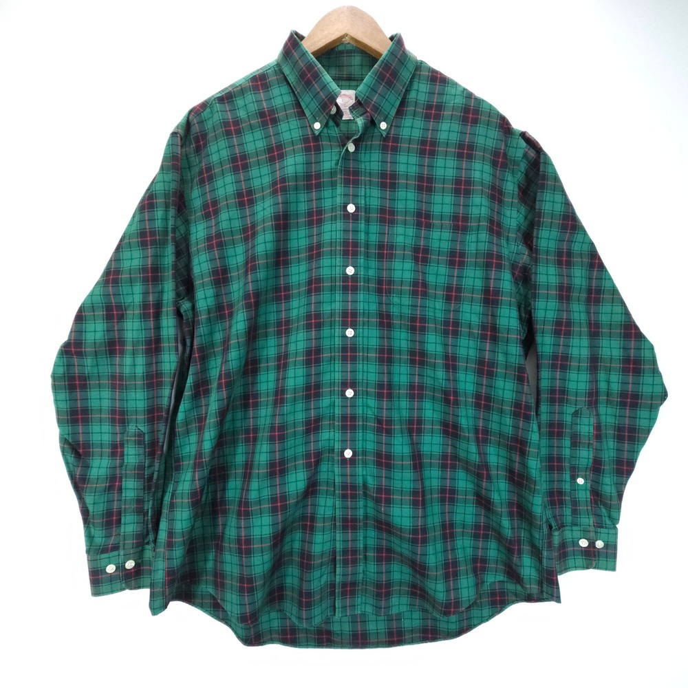 Brooks‎ Brothers 346 Shirt Mens L Green Vintage Tartan Plaid Button Down Cotton